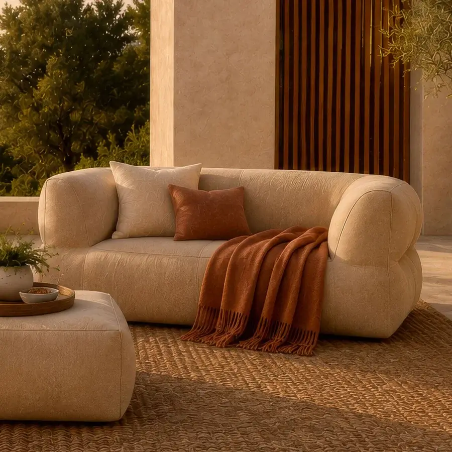 Luxury Gart Puffone sofa in matte textured beige‑cream fabric with polystyrene microspheres and polyester flakes padding