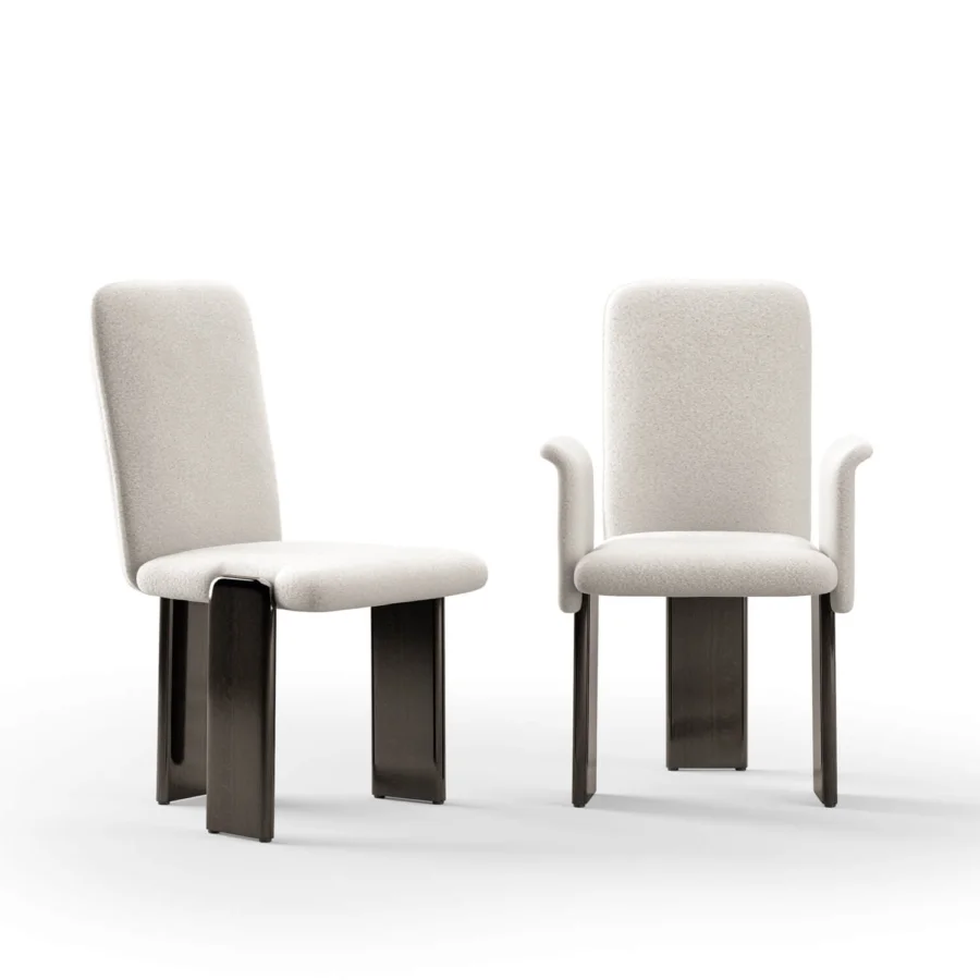 Elegant Costantini Pietro Academy chair pair with cream bouclé cushions, matte off‑white upholstery and solid beechwood frame