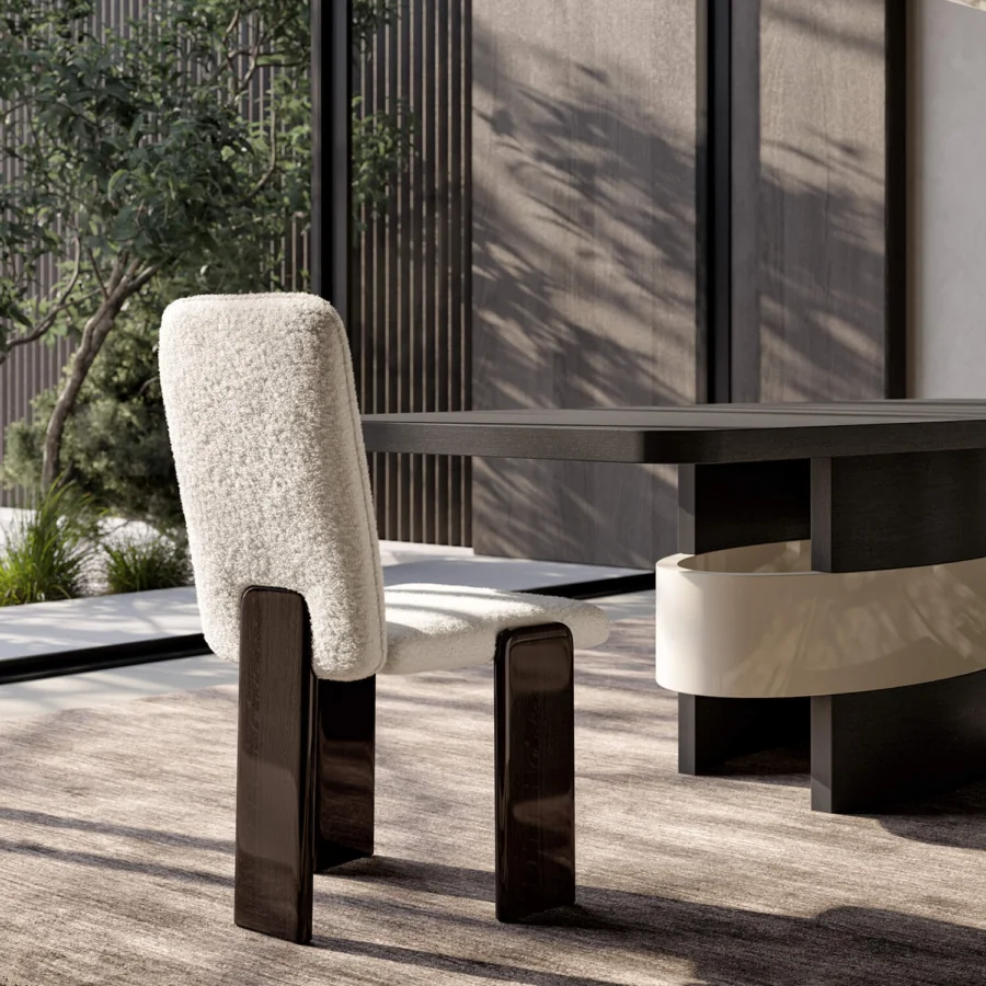 Prestige Costantini Pietro Academy armchair upholstered in off‑white bouclé with glossy dark beechwood base