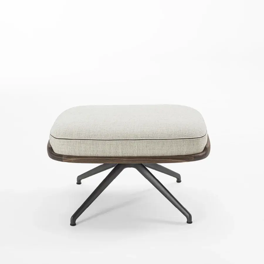 Elite Porada Cuna lounge pouf with solid walnut shell and light beige cushion on matte charcoal metal base