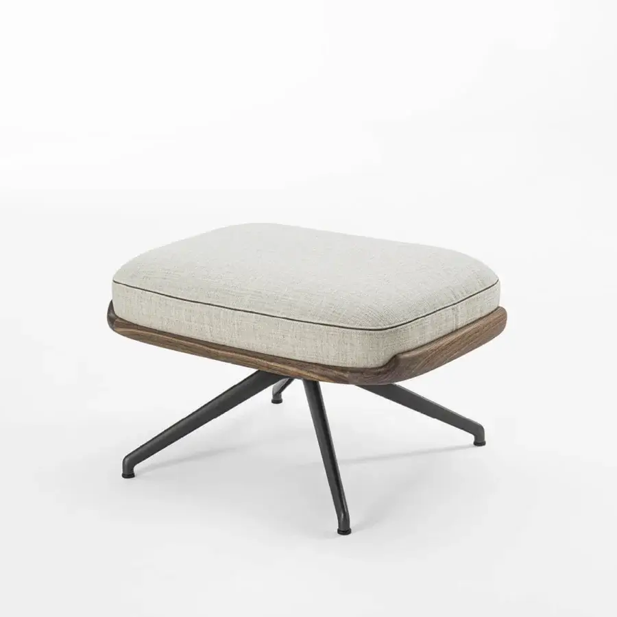 Contemporary Porada Cuna Lounge pouf with solid walnut shell, light‑grey upholstered cushion, and matte black metal legs