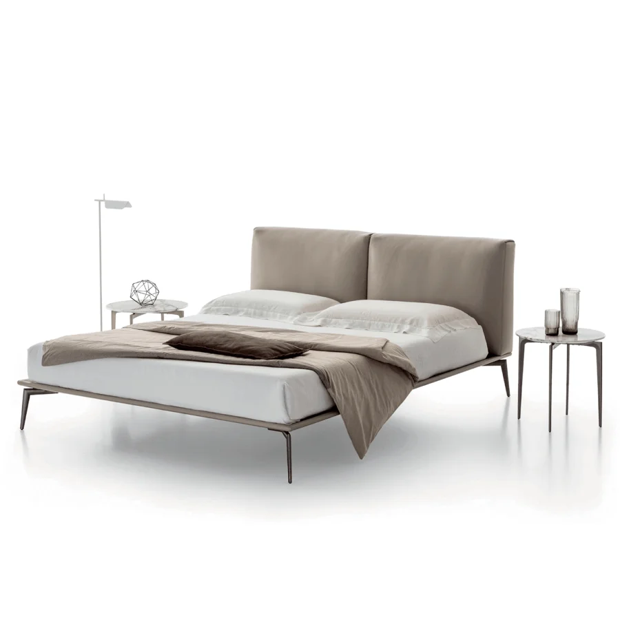 Premium Alivar Papillon Bed soft taupe-grey leather headboard painted dark‑matte aluminum legs