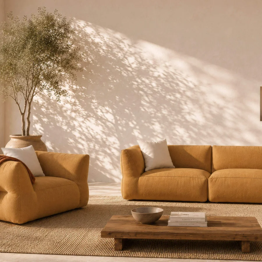 Prestige Gart Puffone lounge chair in mustard‑yellow fabric, organic curve, ergonomic seat, non‑removable outdoor upholstery