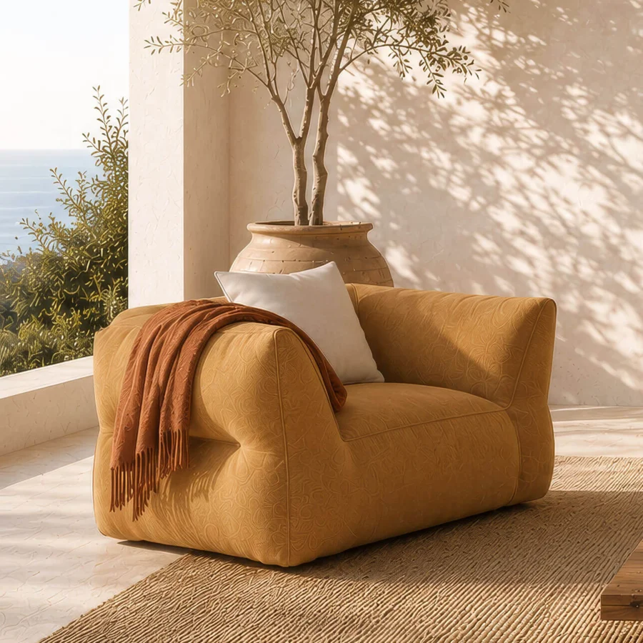 Luxury Gart Puffone lounge chair with matte mustard yellow high-performance outdoor fabric and seamless monolithic shell