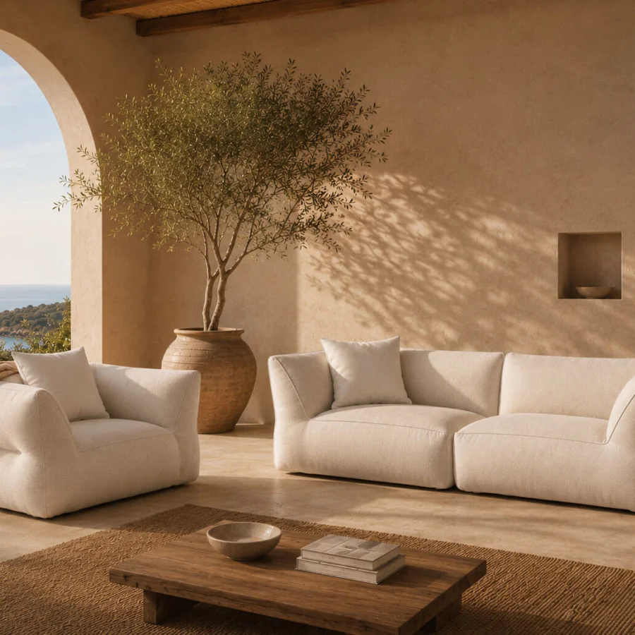 High‑end Gart Puffone lounge chair with off‑white textile high‑performance outdoor fabric durable support