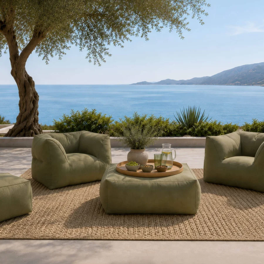 Luxury Gart Puffone lounge chair muted olive-green, silhouette, wrapped arms and back, fabric finish, seamless