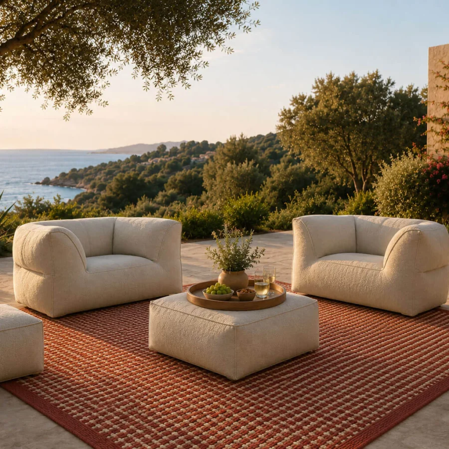 Prestige Gart Puffone lounge chair off‑white high‑performance outdoor fabric with nubby textured finish