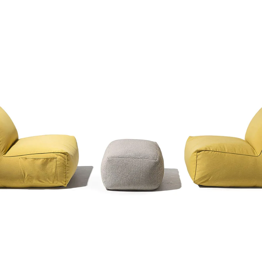 Luxury Gart Puffone Lounge Chair with Pocket in bright yellow high-performance outdoor fabric and matte textured finish