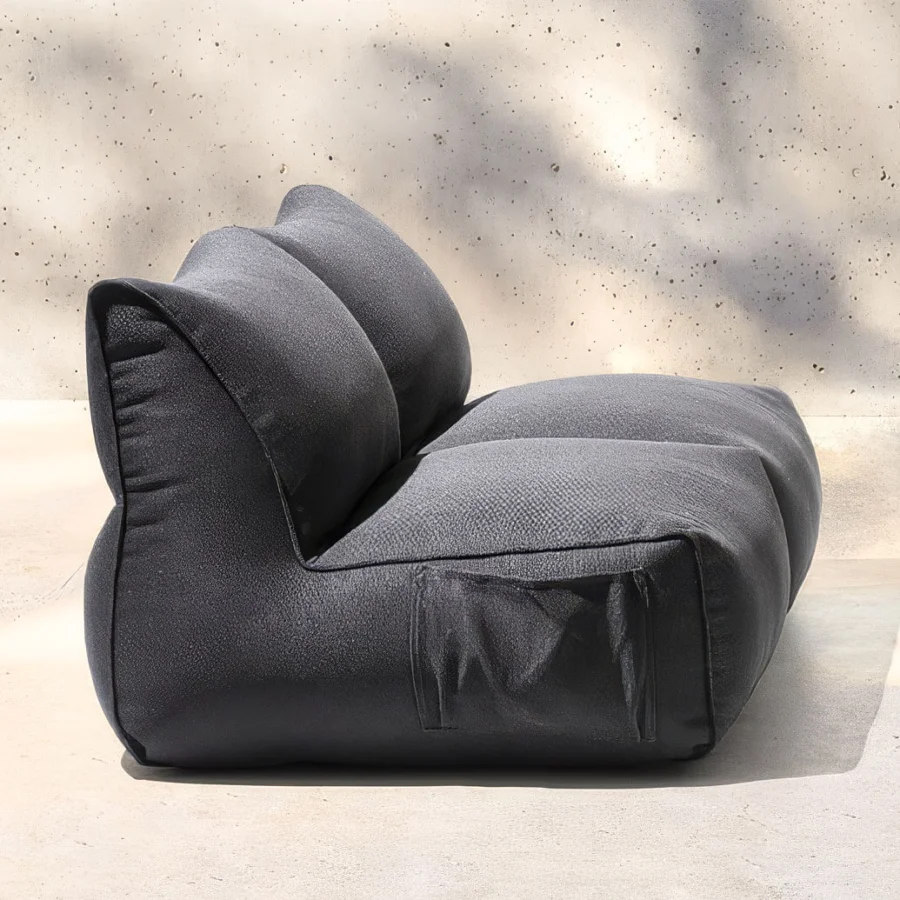 Luxury Gart Puffone Lounge Chair with pocket in dark-gray matte weave, polystyrene microsphere cushioning and polyester flake fill