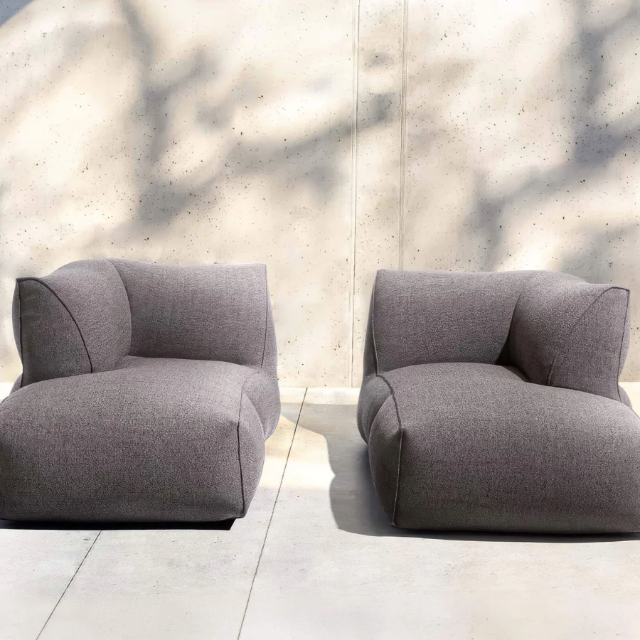 Elegant Gart Puffone Lounger, charcoal grey salt-pepper outdoor fabric, molded microspheres and polyester-flake padding
