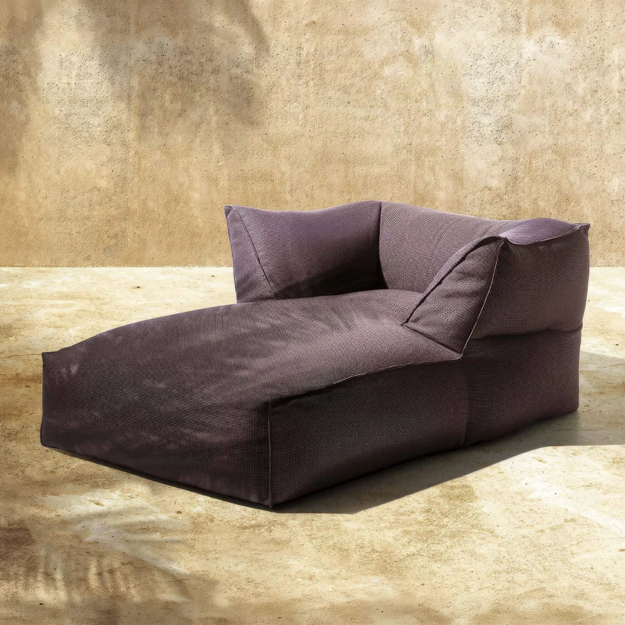 Premium Gart Puffone lounger, low‑profile, wide, deep‑purple outdoor fabric, polystyrene microsphere, polyester‑flake padding