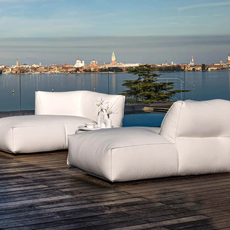 Luxury Gart Puffone lounger in pristine white high-performance outdoor fabric with smooth matte finish