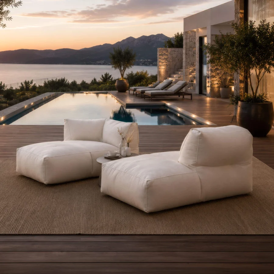 Prestige Gart Puffone lounger in pristine white high-performance outdoor fabric UV water abrasion resistant