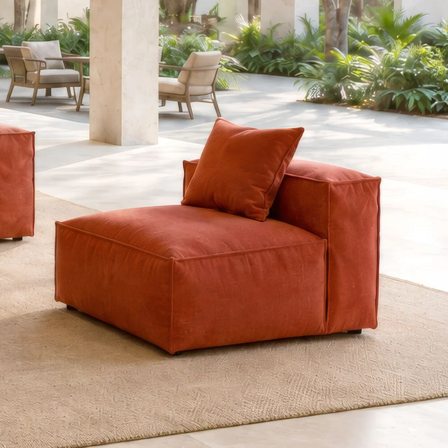 Prestige Gart Mediterraneo Up lounge chair in orange matte, Okoume wood frame stainless steel support performance fabric