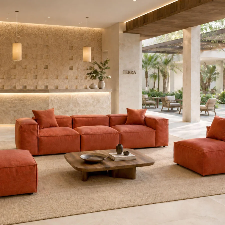 Luxury Gart Mediterraneo Up lounge chair in terracotta with matte textured finish of Okoumé wood and stainless steel feet