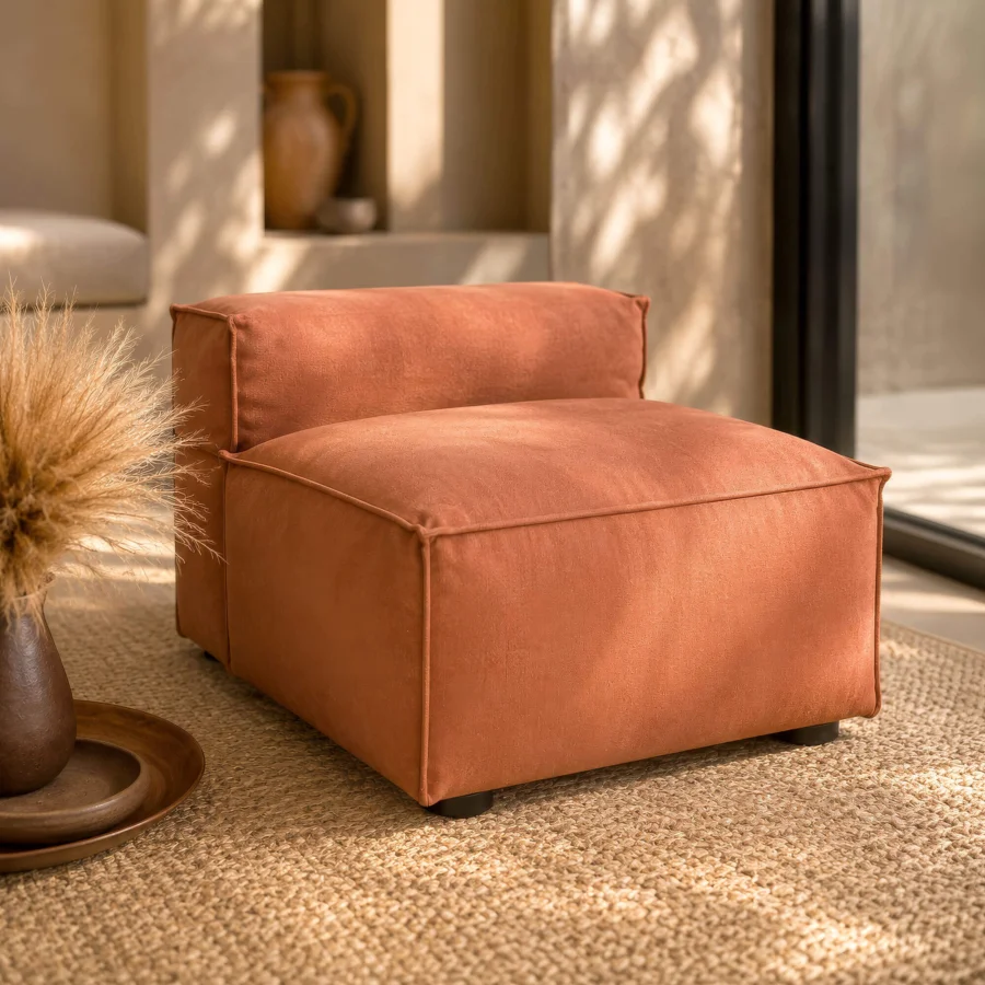 Elite Gart Mediterraneo Up lounge chair with terracotta upholstery, Okoumé wood frame, and matte stainless steel legs.
