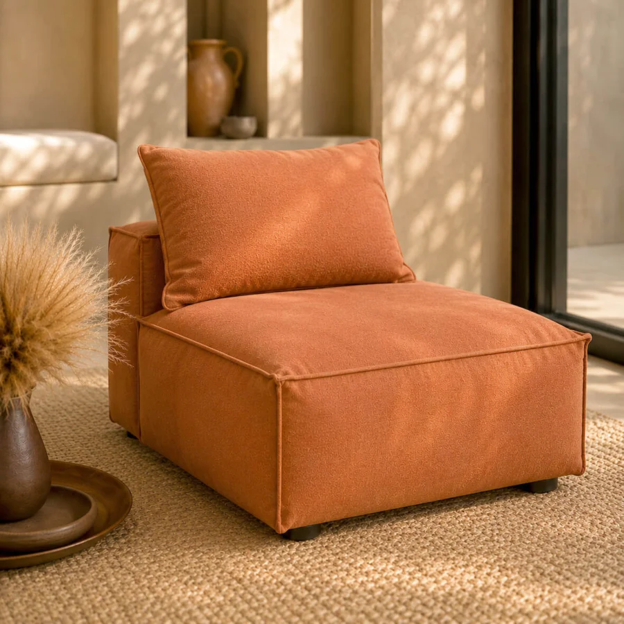 Superior Gart Mediterraneo Up lounge chair with geometric silhouette, terracotta cover, Okoumé wood frame, stainless steel feet