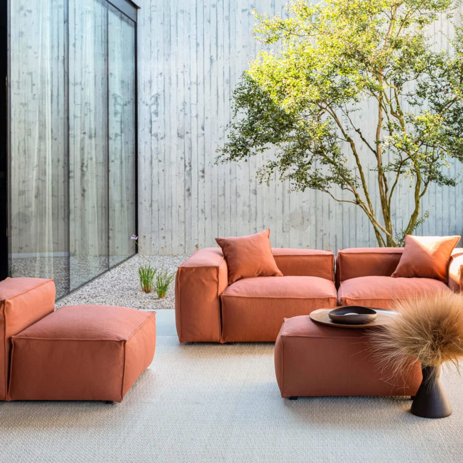 Exclusive Gart Mediterraneo Up lounge chair with terracotta matte textile Okoumé wood frame and stainless steel feet