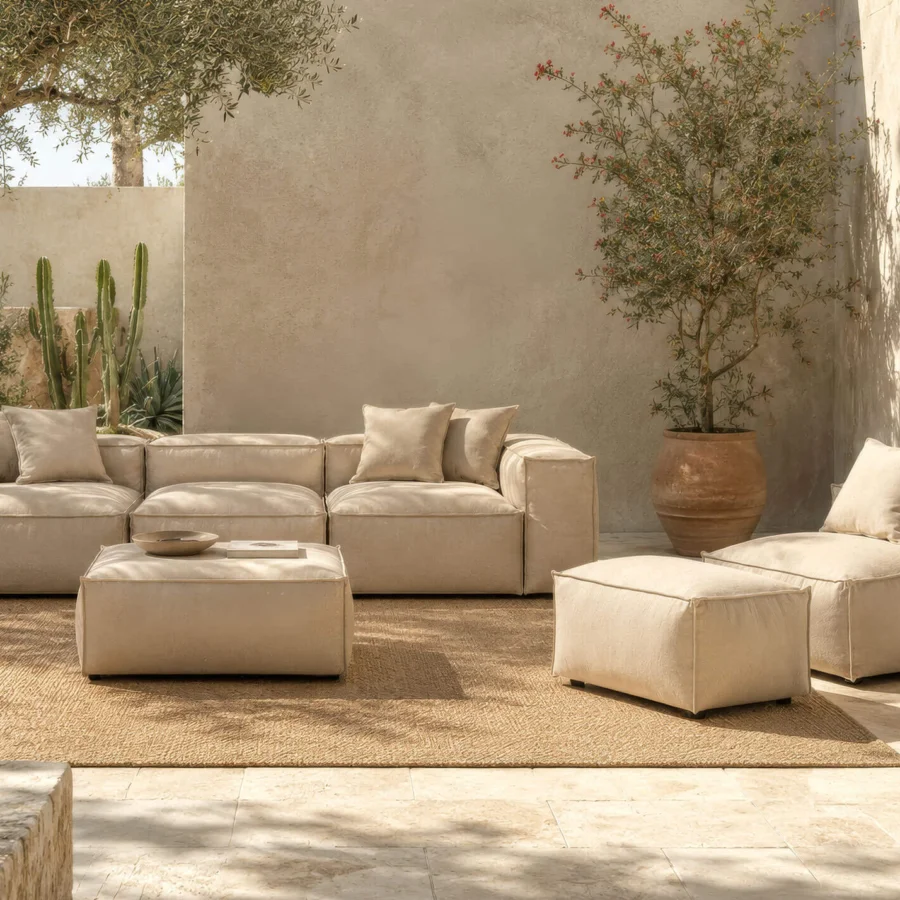Luxury Gart Mediterraneo Up Lounge Chair beige‑sand fabric, stainless steel feet, Okoumé wood frame, matte textured finish