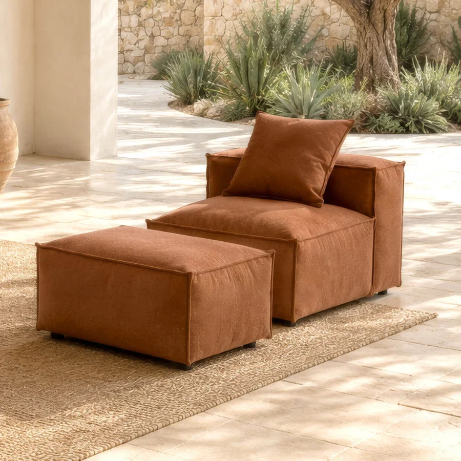 Fine Gart Mediterraneo Up lounge chair with terracotta matte weave fabric on Okoumé wood frame and stainless steel feet