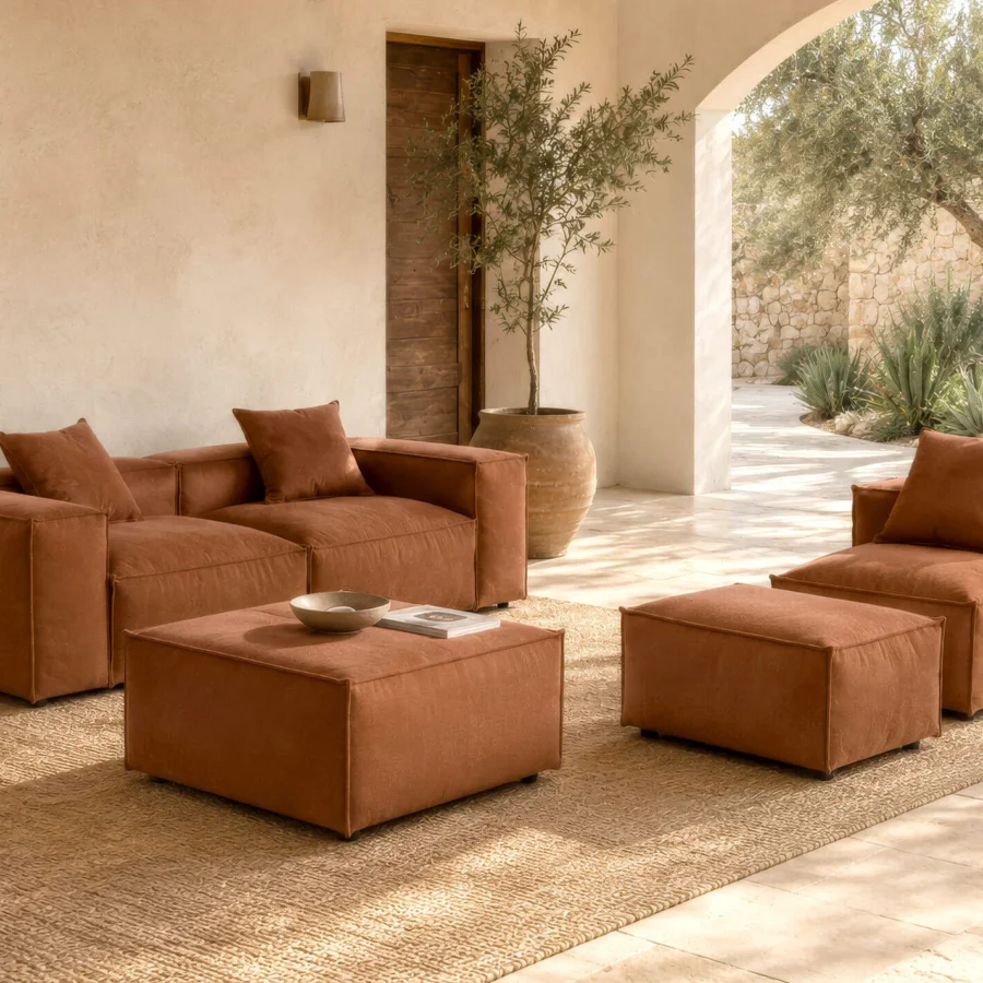Elegant Gart Mediterraneo Up lounge chair in burnt‑orange matte fabric on stainless steel frame with Okoumé wood structure