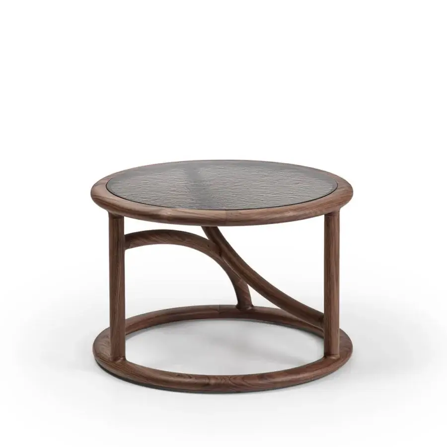 Elegant Porada Flip Side Table with deep-brown wood base, translucent grey glass top, and textured rippled finish