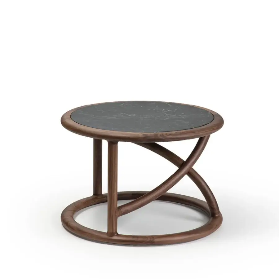Refined Porada Flip Side Table with heavy solid wood and smooth satin finish, charcoal stone inset, twisted curved supports