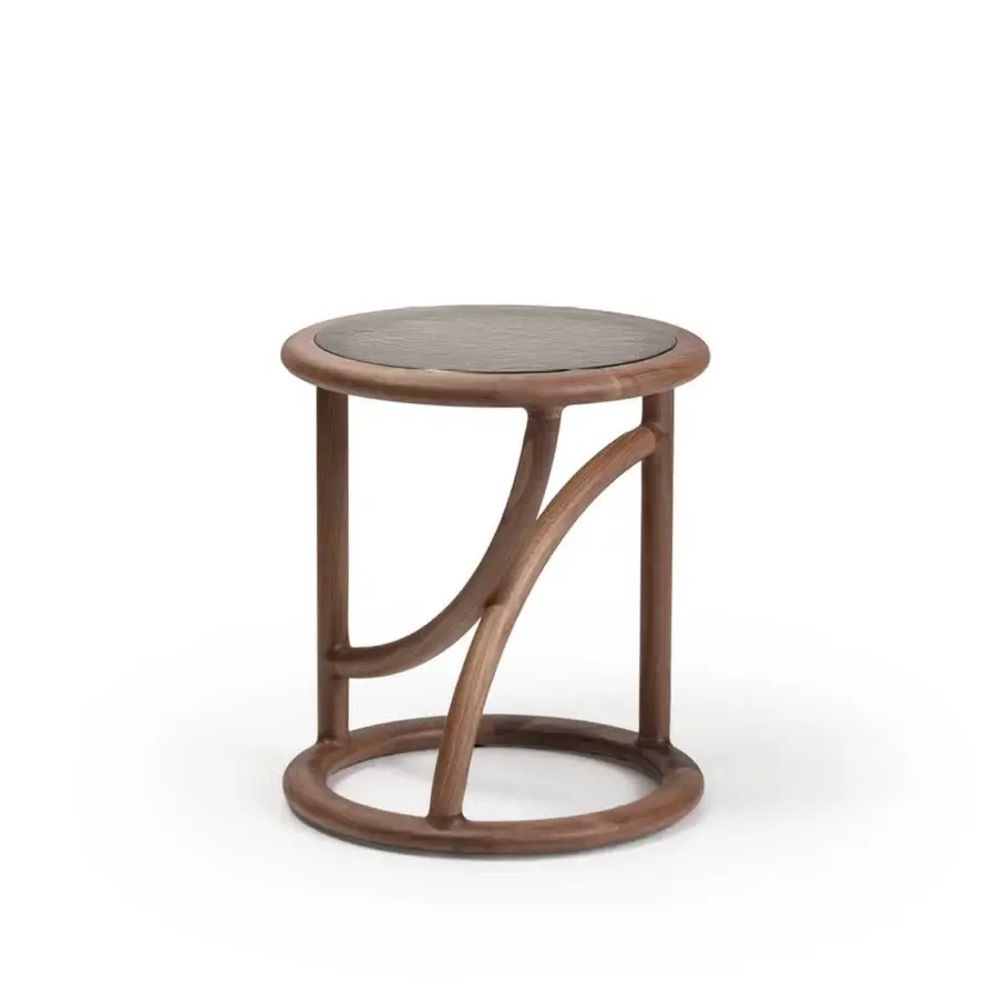 Luxury Porada Flip Side Table with warm brown wood, charcoal accents, dark slate like center, and satin finish