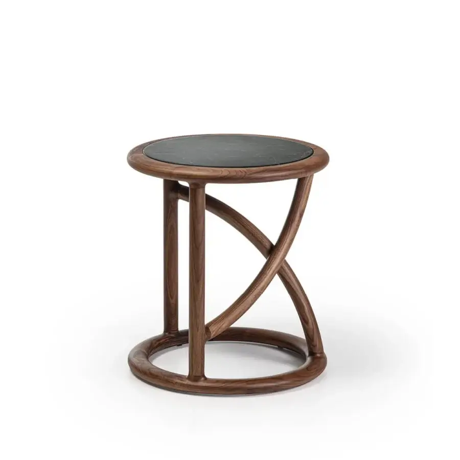 Luxury Porada Flip Side Table with dark stone-like tabletop over medium-brown satin-matte wooden frame