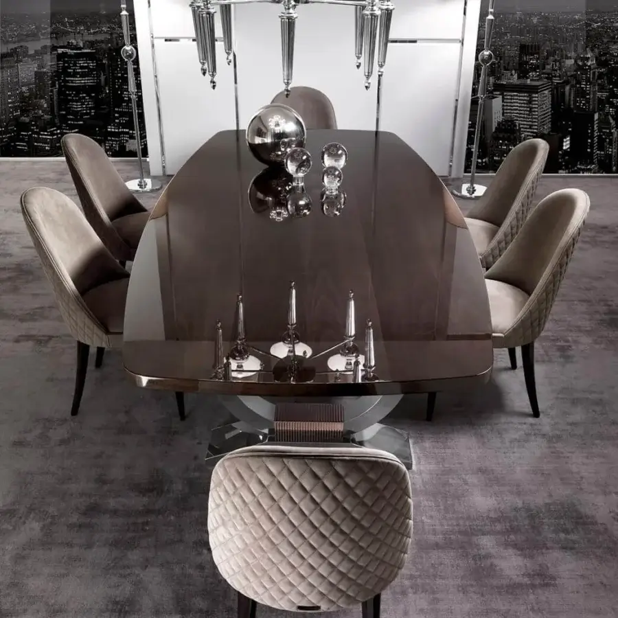 Elegant DV Home Collection Hermes table with a dark brown wooden surface and glossy stainless steel base crafted in Italy