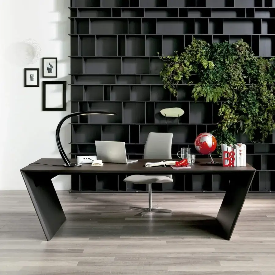 Distinctive Cattelan Italia Vega desk with angular silhouette and dark burned oak finish crafted in Italy