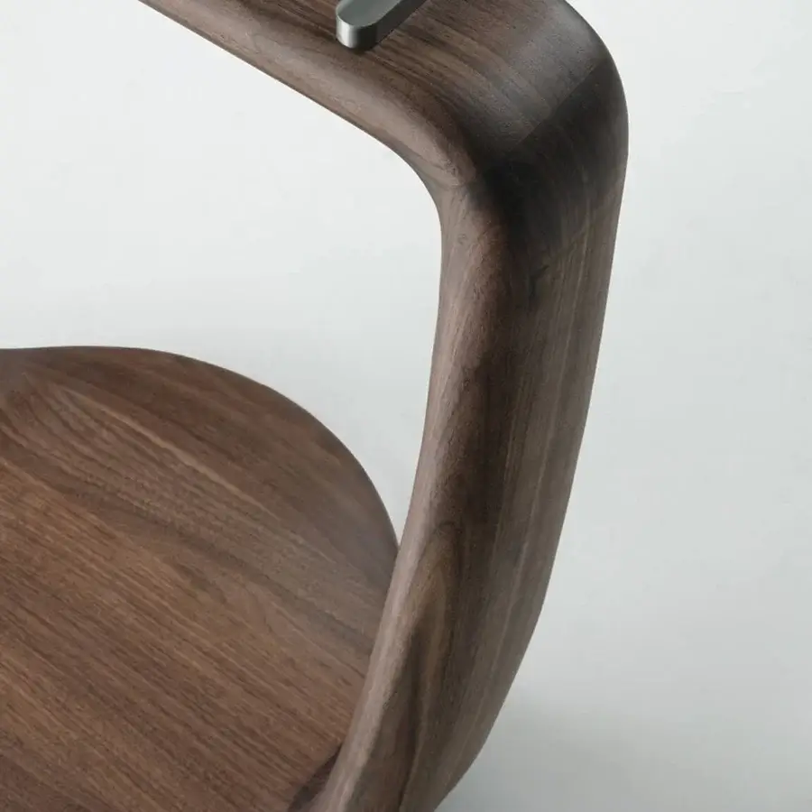 Premium Porada Saddle table with clear glass top and walnut frame satin finish, featuring fluid lines plus grey metal inlay