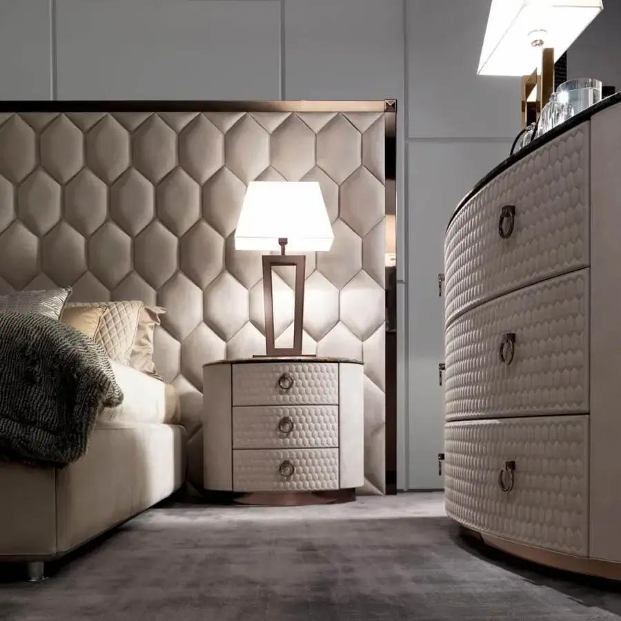 Distinguished DV Home Collection Charlotte nightstand with cacao walnut veneer and hexagon quilted leather drawers featuring bronze metal trim
