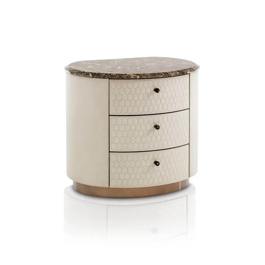 Exceptional DV Home Collection Charlotte nightstand in light cream with cacao walnut veneer, leather drawers and marble-like top