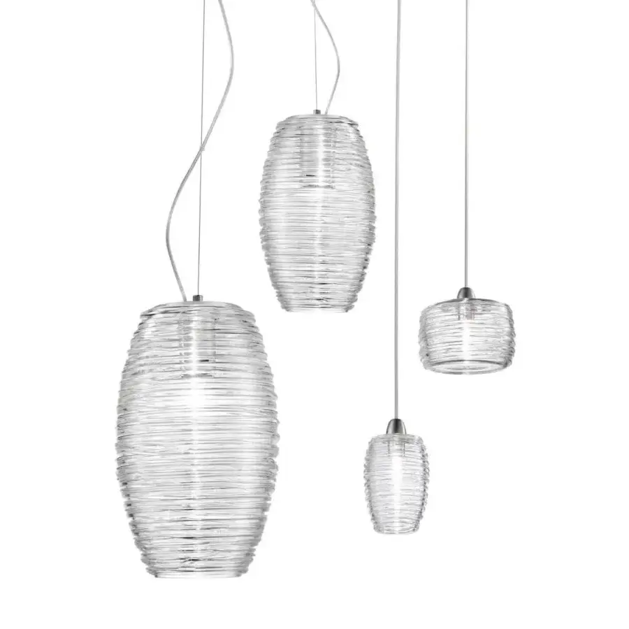 Exceptional Vistosi Damasco suspension lamp with ribbed transparent glass and satin nickel finish