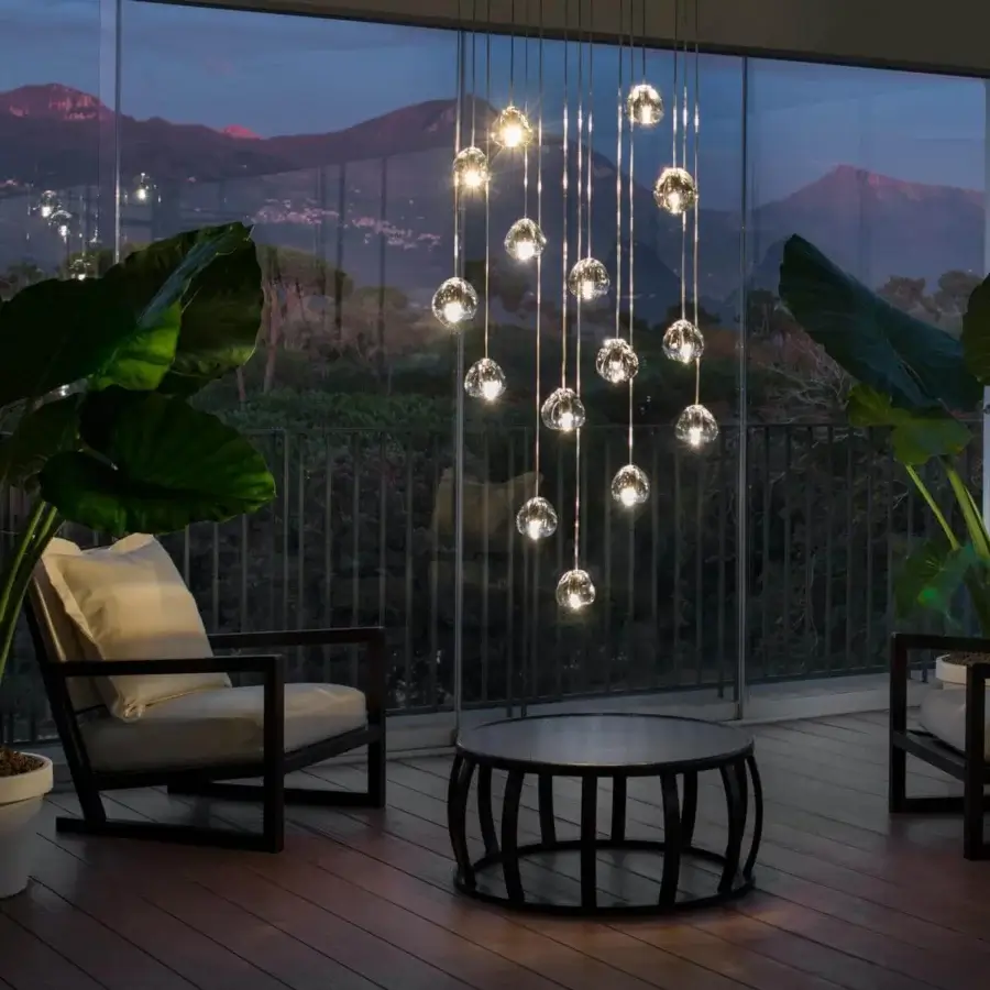 Exceptional Terzani Mizu Multi Light suspension lamp with transparent glass spheres and delicate vertical wires
