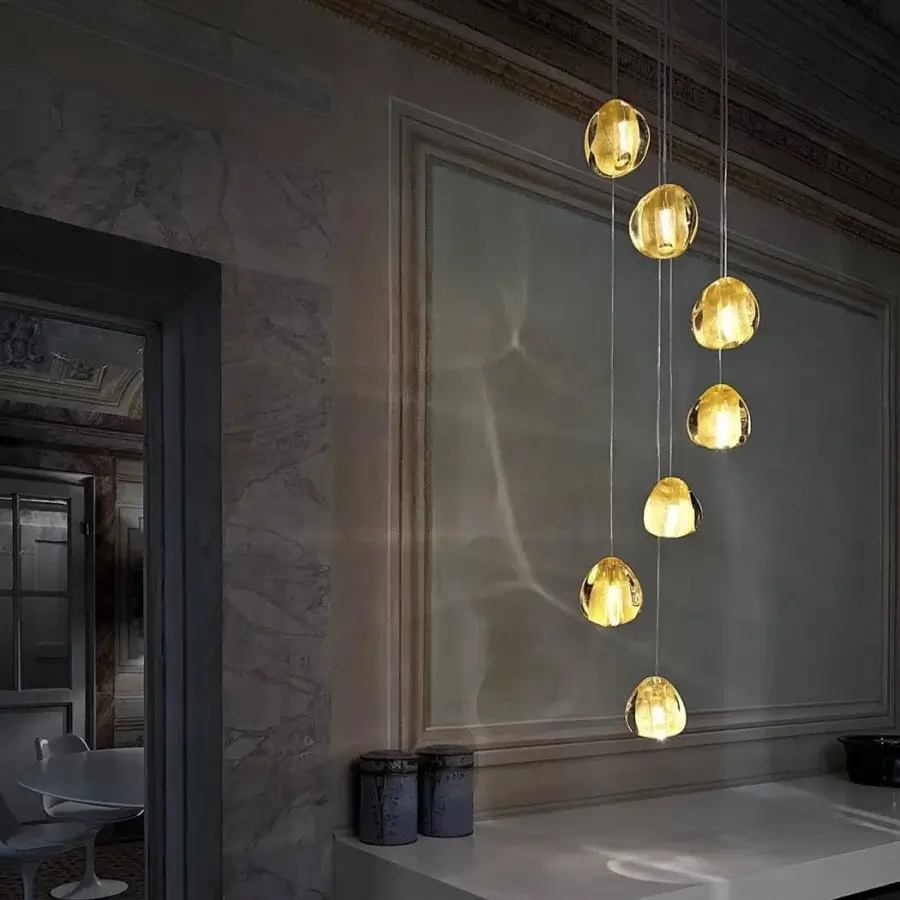 Superior Terzani Mizu Multi Light suspension lamp with droplet-shaped clear crystal fixtures and glossy finish