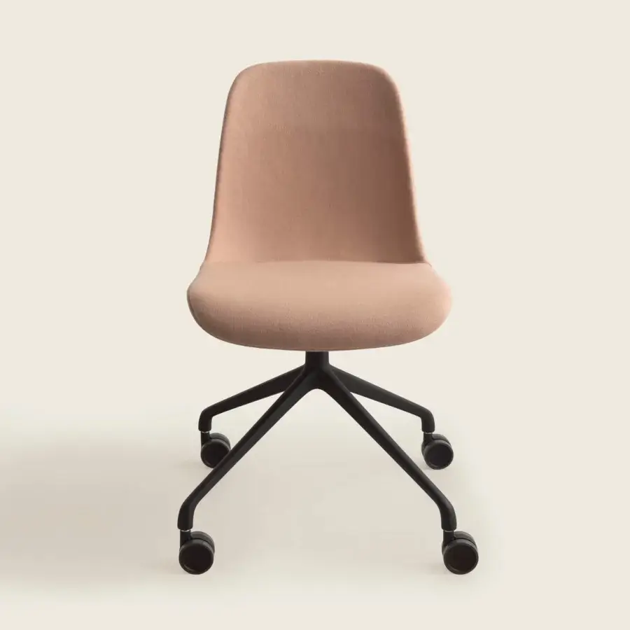 Elegant Kristalia Elephantino office chair, plastic shell in pale dusty‑rose finish, matte black swivel base, ergonomic