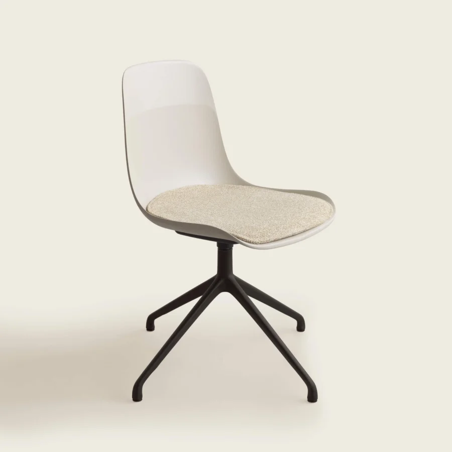 Premium Kristalia Elephantino office chair in off‑white bucket shell of plastic, beige cushion, matte black metal base