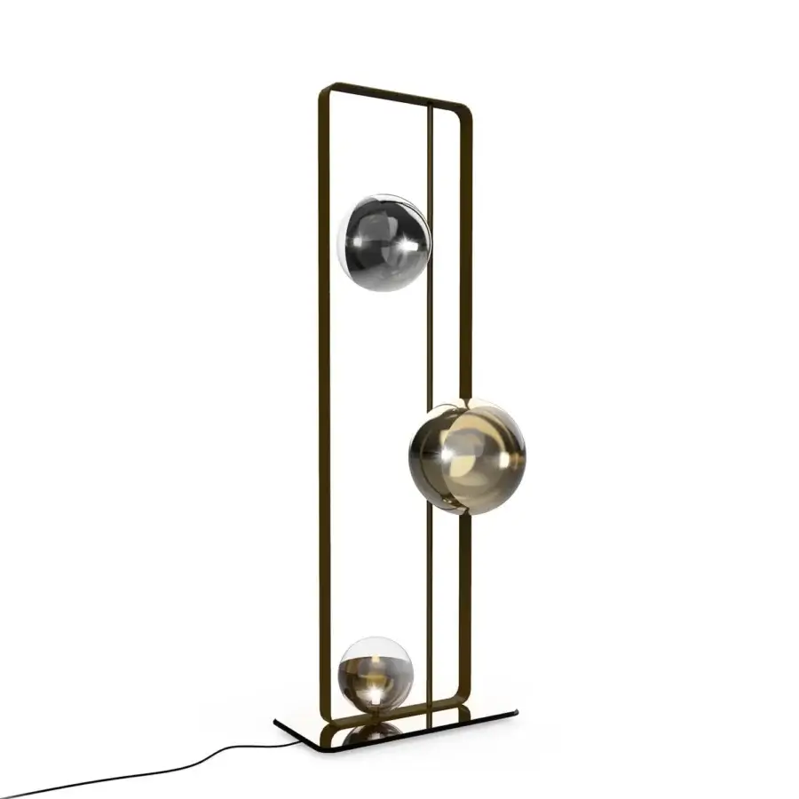 Distinguished Reflex Oh floor lamp with dark brass-toned metal, bronze, silver, and gold borosilicate glass spheres and a bronze mirror base