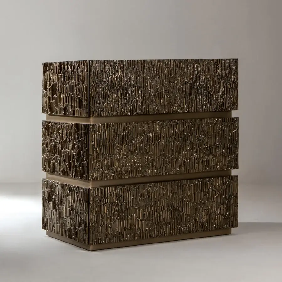 Prestige Laurameroni Corteccia Dresser with dark bronze liquid-metal finish push-to-open drawers and sculptural depth