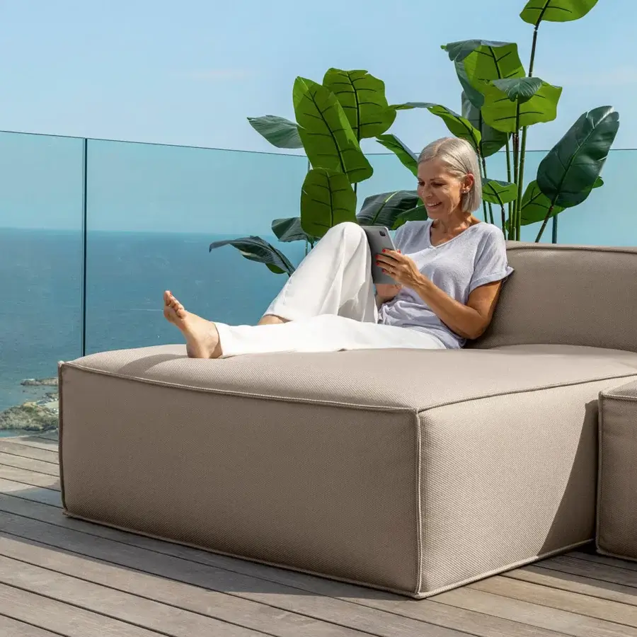 Luxury Talenti Ocean sectional with matte taupe textile, block geometry, clean straight lines, visible seams, comfort