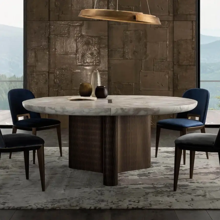 Luxury Laurameroni Infinity Table marble top white and grey veining fluted wooden pedestal finished deep matte brown