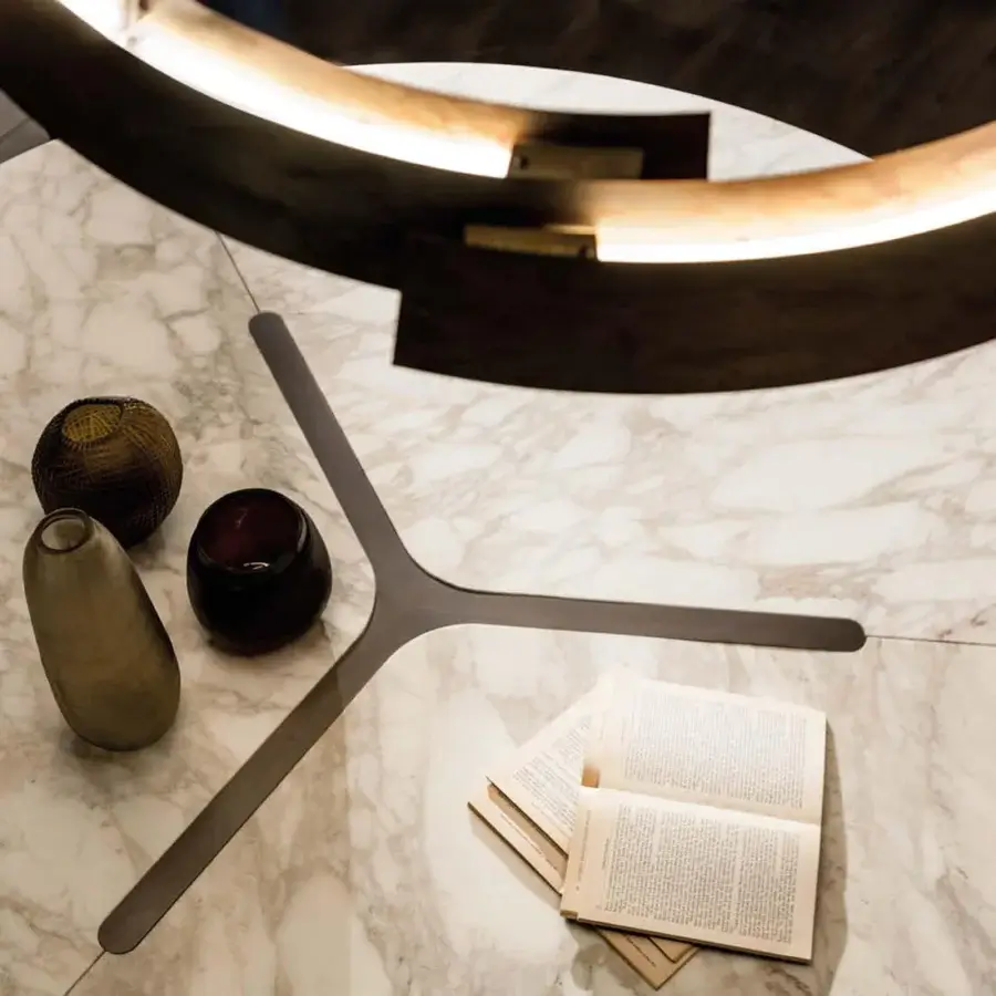Luxury Laurameroni Infinity Table with marble top, glossy finish, veined white, grey, brown on dark‑grey Lacca 61 metal base