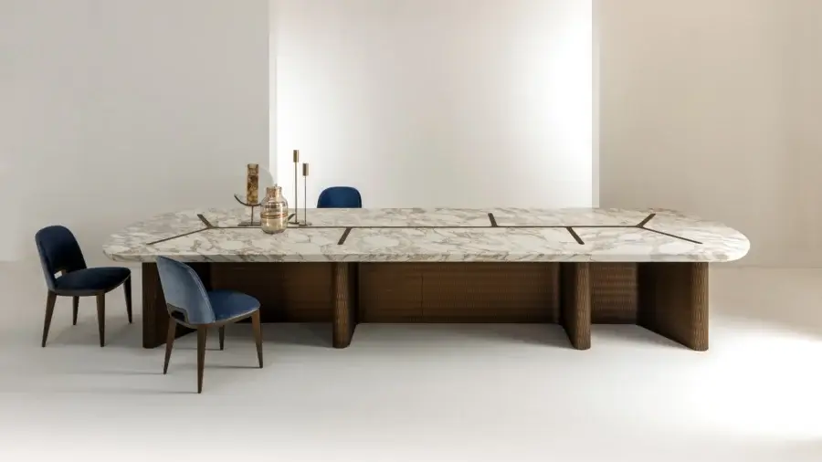 Luxury Laurameroni Infinity Table with marble tabletop, burnished brass inlay, Lacca 61 honeycomb base and fluted supports