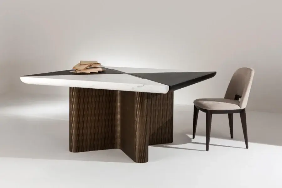 Sophisticated Laurameroni Infinity table with polished marble, matte dark wood, burnished brass and Lacca 61 pedestal