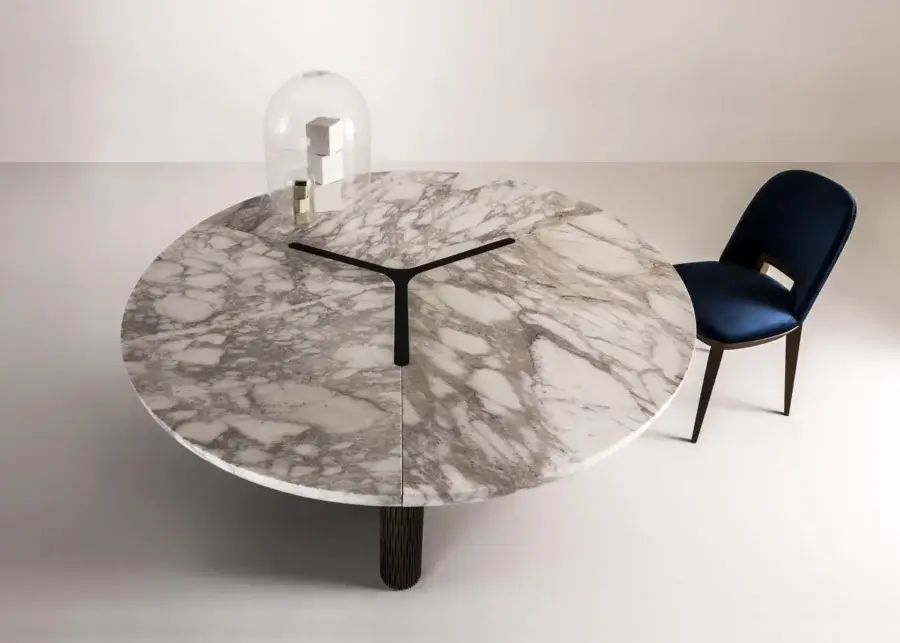 High-end Laurameroni Infinity Table with marble top, brass rosette inset, metal pedestal base veined grey charcoal warm inlay