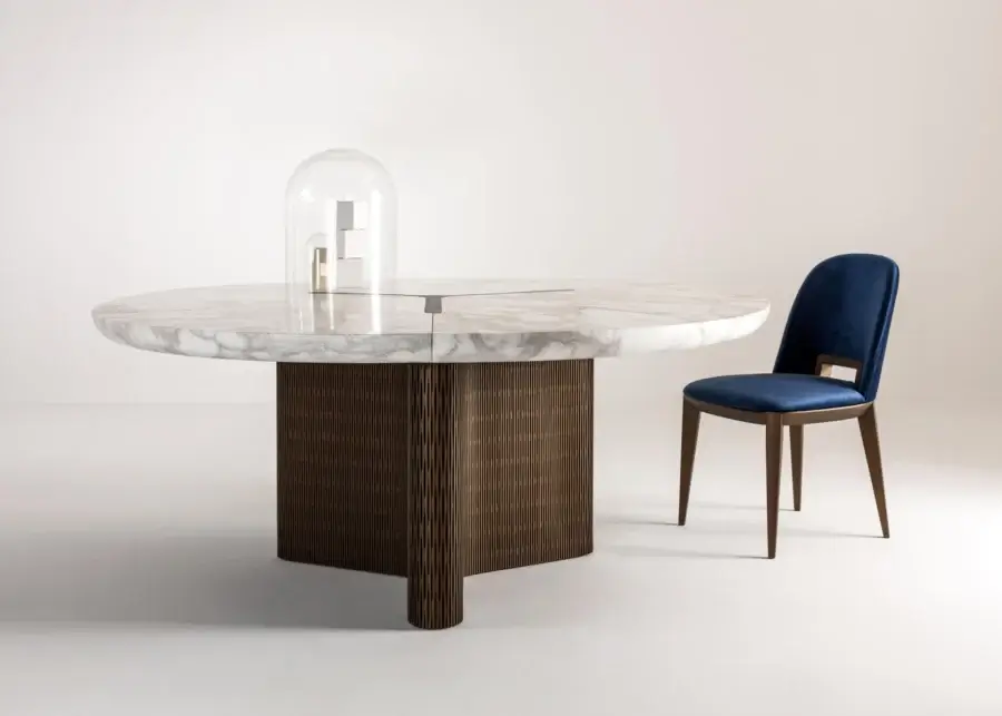 Luxury Laurameroni Infinity Table with marble top veined grey, burnished brass rosette, Lacca 61 pedestal warm gold‑bronze