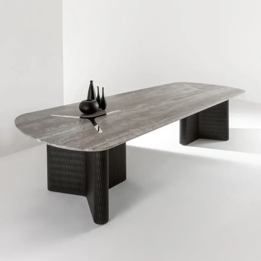 Luxury Laurameroni Infinity Air Table with marble tabletop finish, burnished brass Y‑shaped inlay, lacquered base, pedestal.