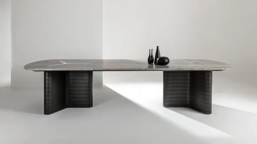 Elegant Laurameroni Infinity Air Table with marble tabletop, matte textured finish, charcoal base Lacca 61, pedestal legs